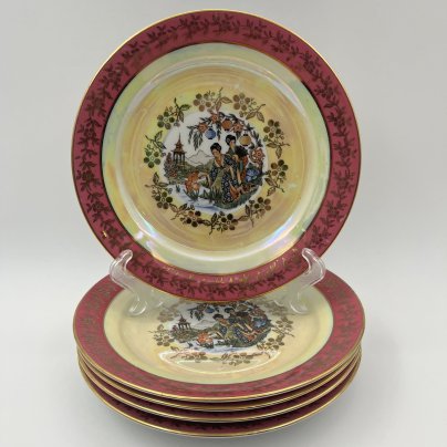 Набор из 5-ти десертных тарелок "Гейша", фарфор, деколь, крытье, люстр, Spezial Eisenberg Porzellan (SEP), ГДР, 1973-1976 гг.