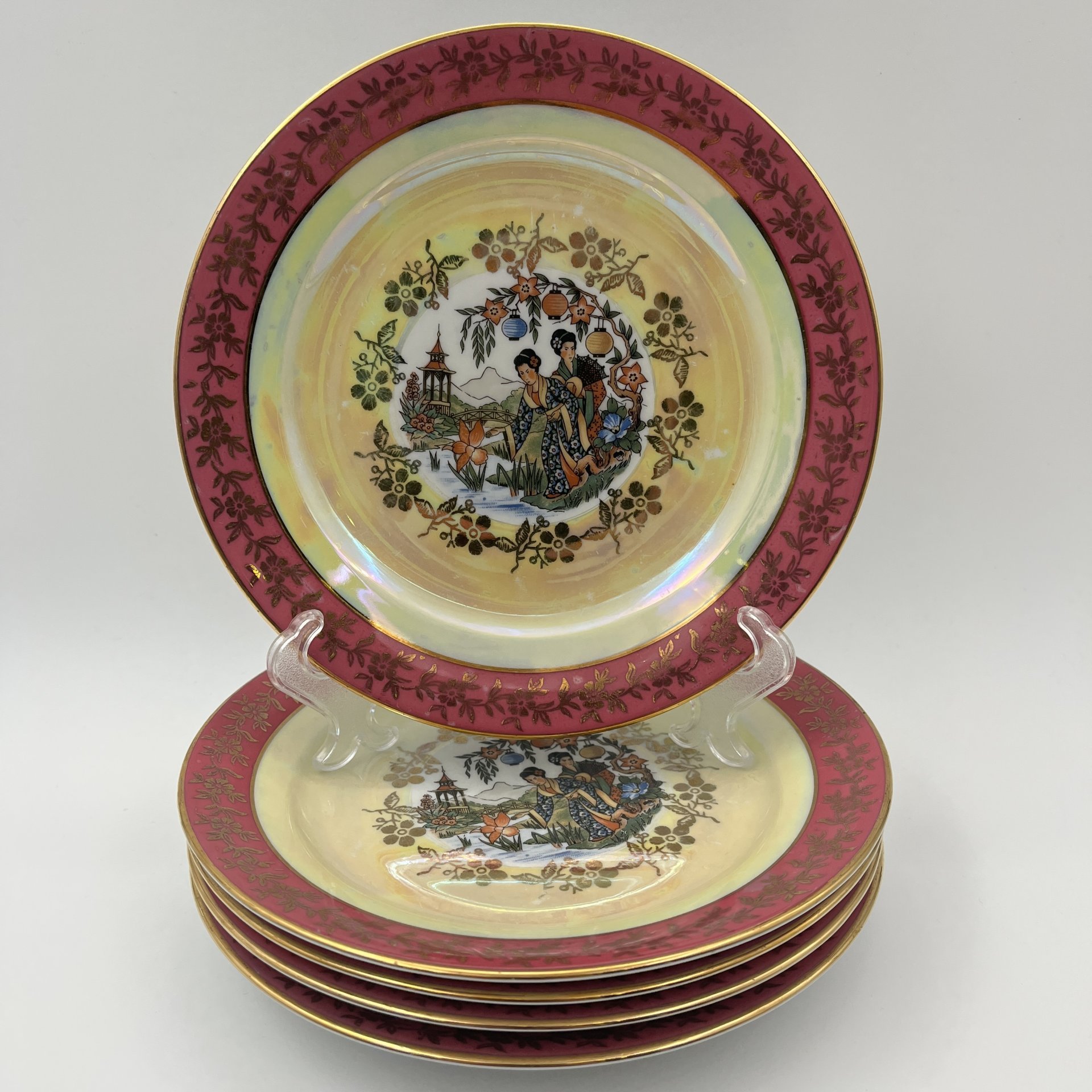 Набор из 5-ти десертных тарелок "Гейша", фарфор, деколь, крытье, люстр, Spezial Eisenberg Porzellan (SEP), ГДР, 1973-1976 гг.