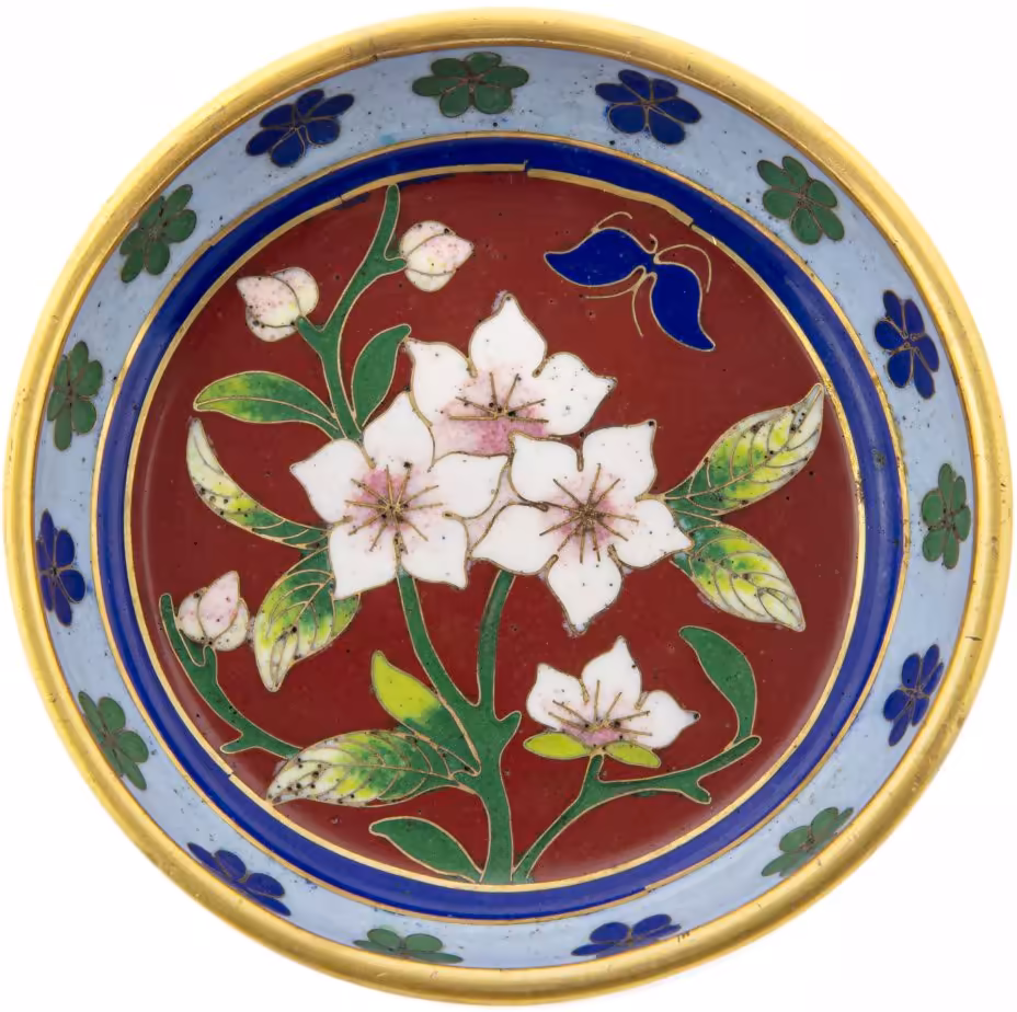 Розетка (блюдце) с изображением цветов, латунь, клуазоне, Китай, 1950-1980 гг.