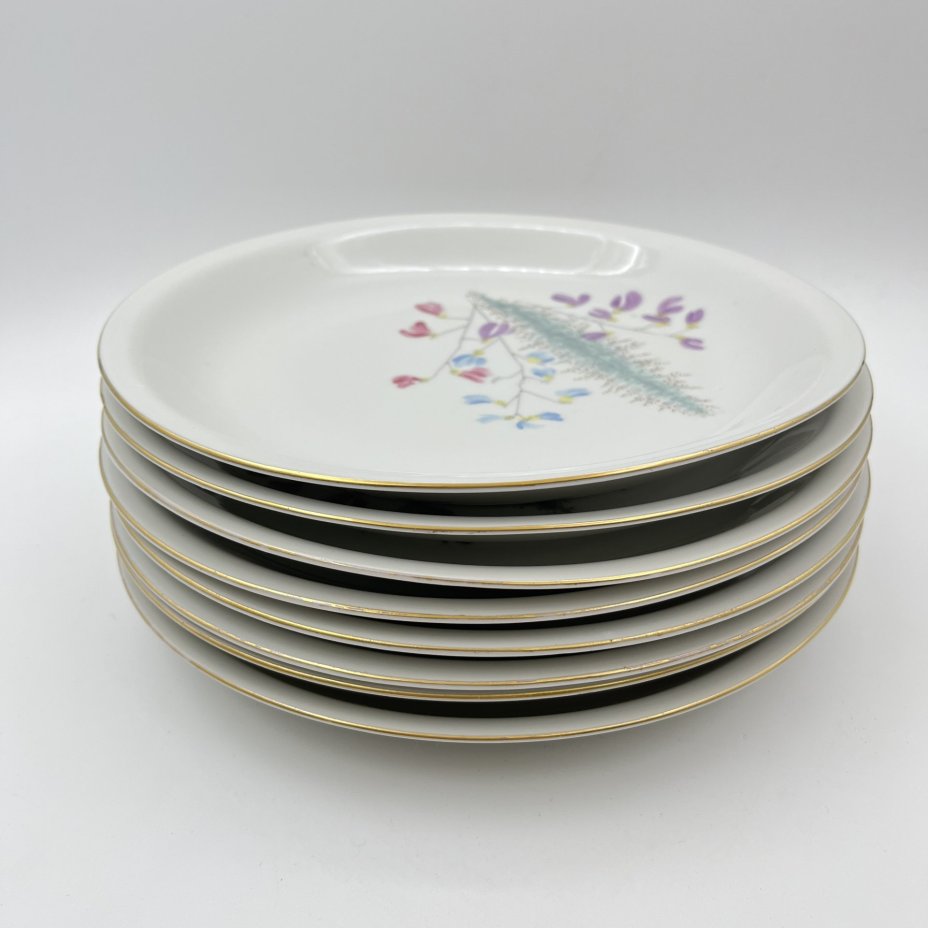 Набор из 8-ми обеденных тарелок, украшенных изображением полевых цветов,  Porzellanwerke Könitz (OPK), фарфор, деколь, золочение, ГДР, 1954-1962 гг.
