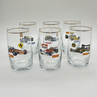 Стаканы с изображением гоночных автомобилей для прохладительных напитков (6 шт.), стекло, деколь, золочение, Bohemia Evpas, Чехия, 1980-2000 гг.