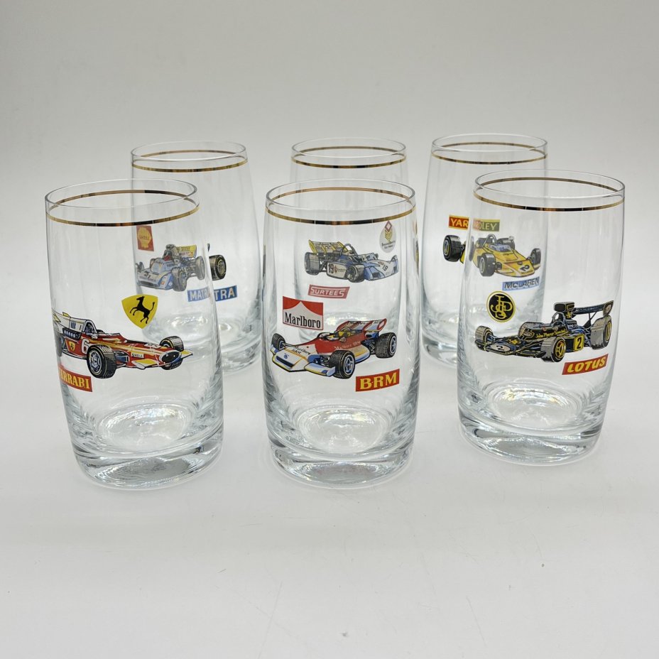 Стаканы с изображением гоночных автомобилей для прохладительных напитков (6 шт.), стекло, деколь, золочение, Bohemia Evpas, Чехия, 1980-2000 гг.