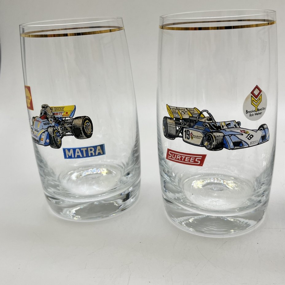 Стаканы с изображением гоночных автомобилей для прохладительных напитков (6 шт.), стекло, деколь, золочение, Bohemia Evpas, Чехия, 1980-2000 гг.