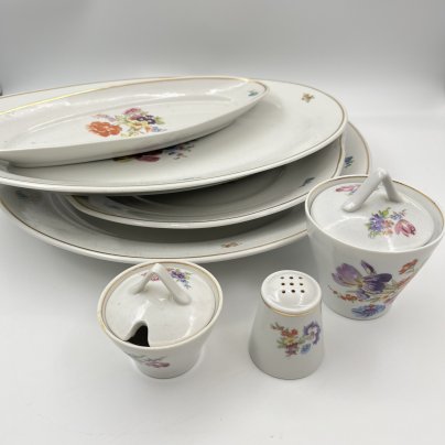 Набор сервировочный "Мейсенский букет" (7 предметов), фарфор, деколь, золочение, Дулевский фарфоровый завод (Дулёво), СССР, 1968 г.