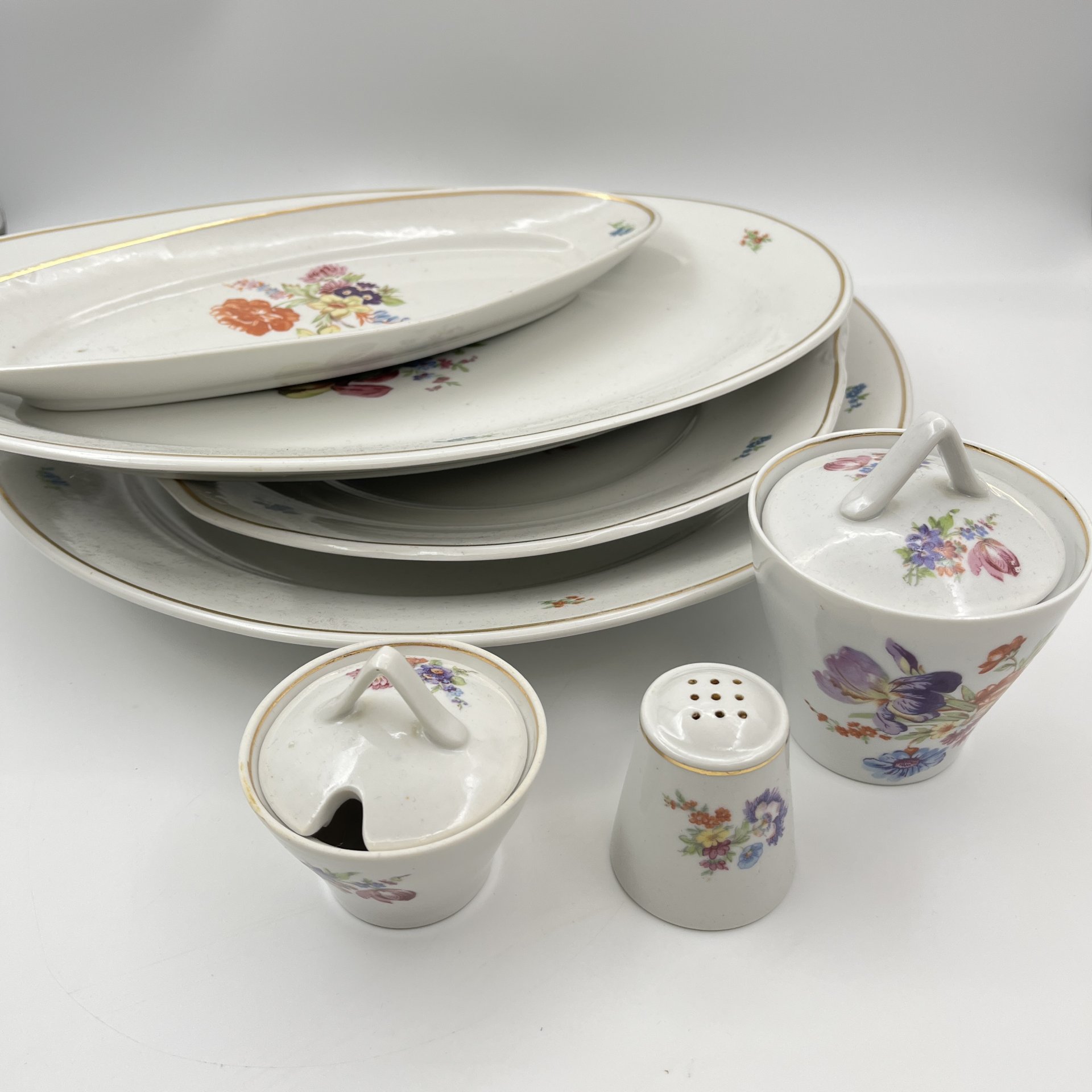 Набор сервировочный "Мейсенский букет" (7 предметов), фарфор, деколь, золочение, Дулевский фарфоровый завод (Дулёво), СССР, 1968 г.