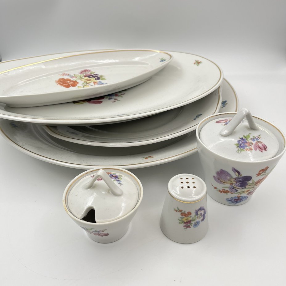 Набор сервировочный "Мейсенский букет" (7 предметов), фарфор, деколь, золочение, Дулевский фарфоровый завод (Дулёво), СССР, 1968 г.