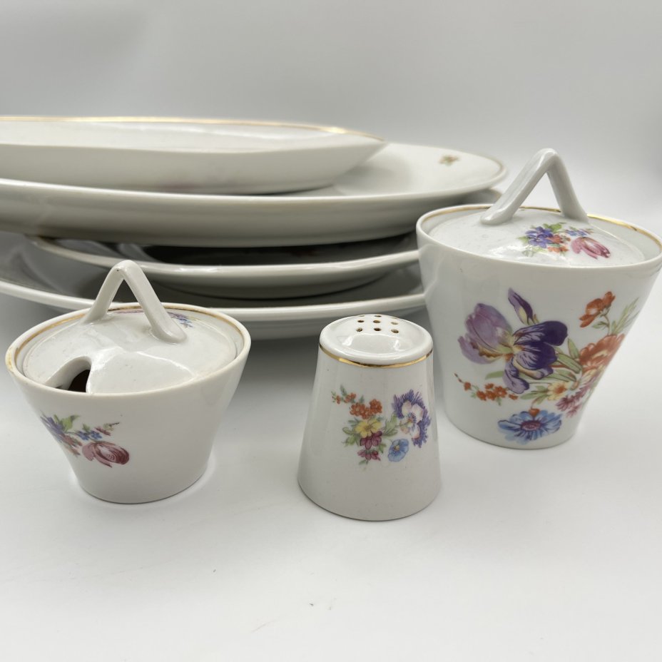 Набор сервировочный "Мейсенский букет" (7 предметов), фарфор, деколь, золочение, Дулевский фарфоровый завод (Дулёво), СССР, 1968 г.