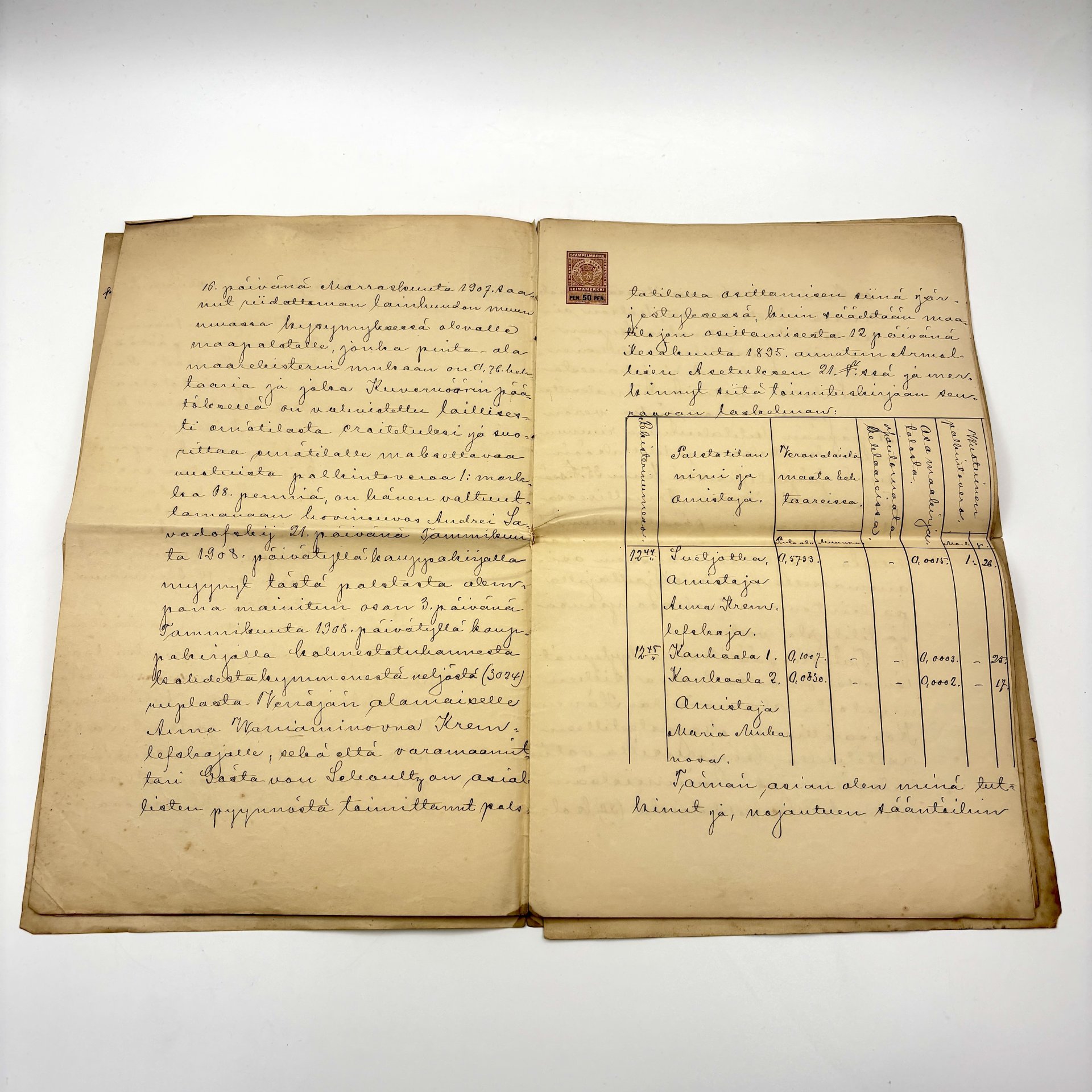 [Документ] Купчая на участок в деревне Куоккала (современное Репино), подписанная Анной Вениаминовной Кремлевской, с картой и приложениями на финском языке (всего 15 листов), бумага, чернила, Российская империя, 1908 г.