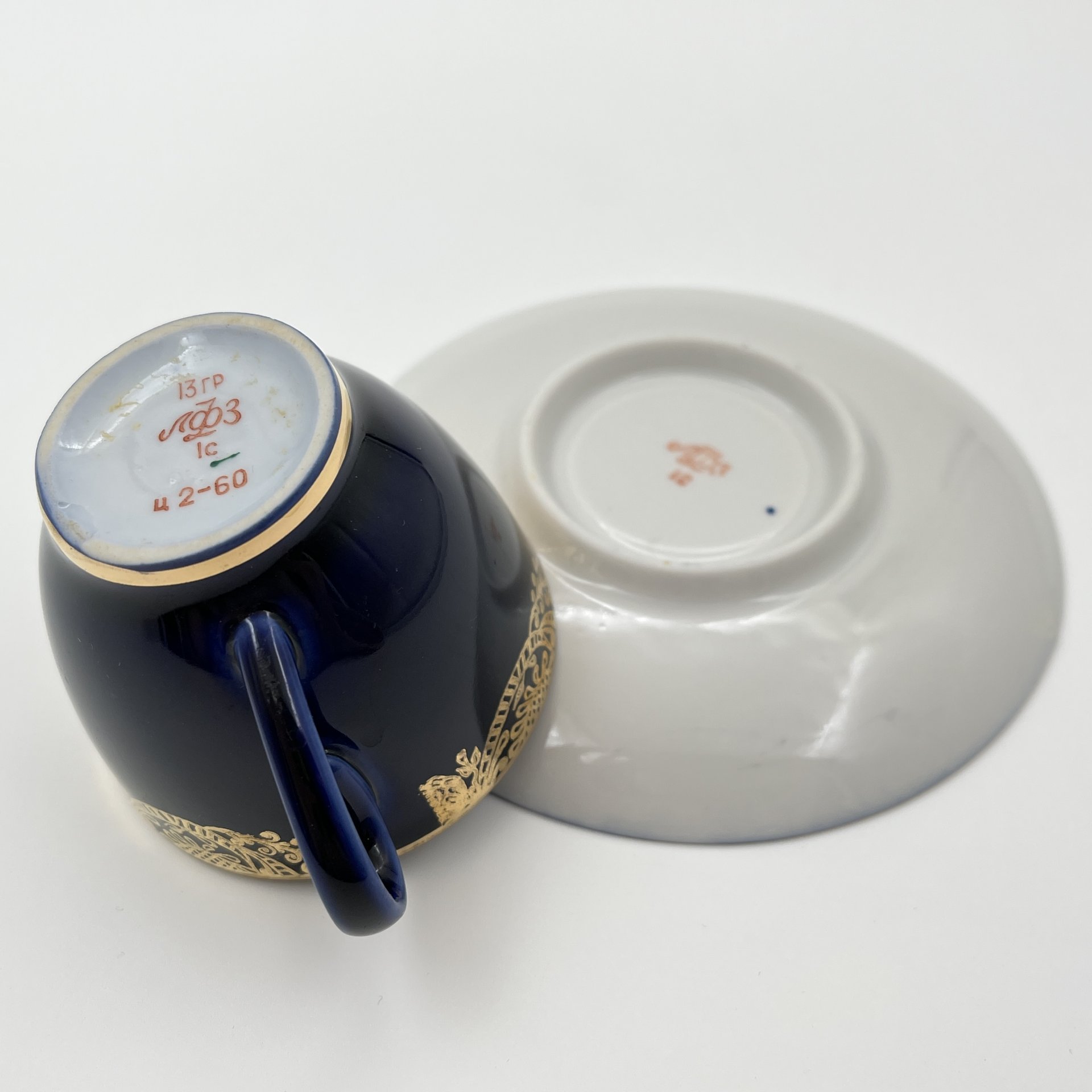 Пара кофейная, фарфор, крытье кобальтом, золочение, Ленинградский фарфоровый завод (ЛФЗ), СССР, 1970-1990 гг.