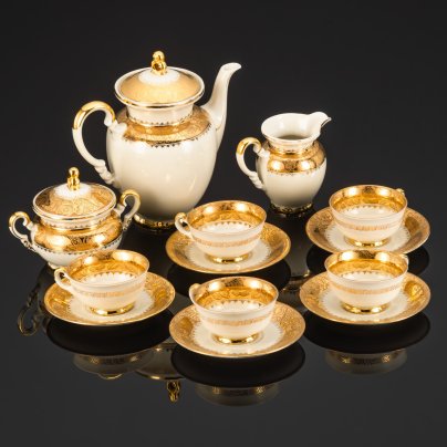 Сервиз кофейный на 6 персон, уркашенный зологченым цветочным декором, фарфор, золочение, Mitterteich Bavaria, Бавария, 1931-1945 гг.