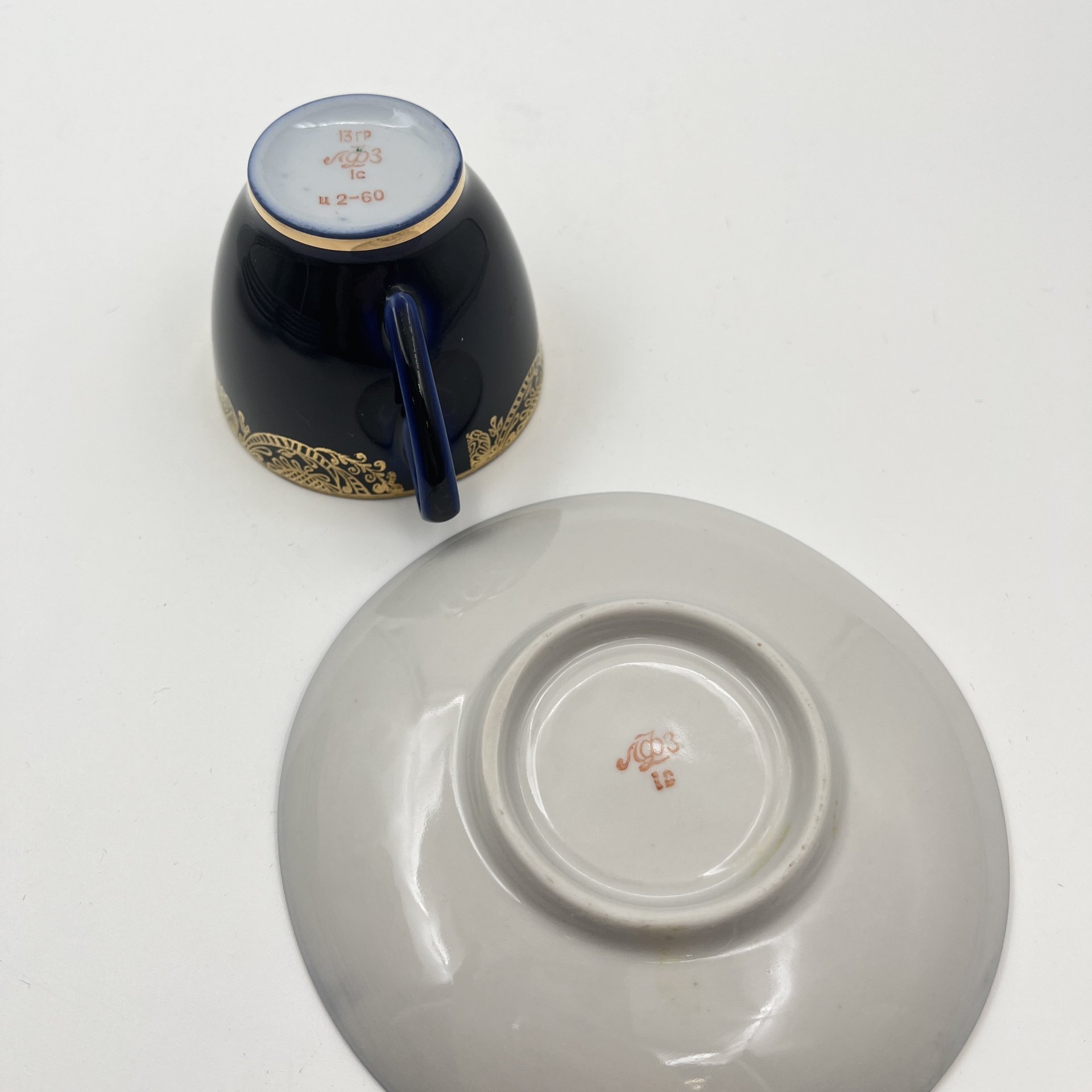 Пара кофейная, фарфор, крытье кобальтом, золочение, Ленинградский фарфоровый завод (ЛФЗ), СССР, 1970-1990 гг.