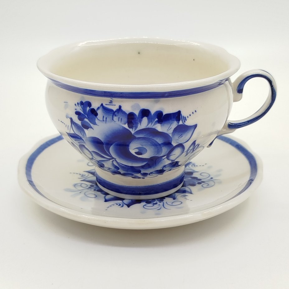 Пара чайная с расписным цветочным декором, Гжель