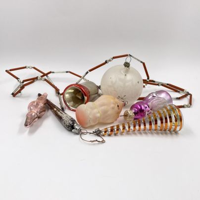 Набор из 8-ми ёлочных игрушек разных форм, стекло, пластик, металл, краска, СССР, 1970-1990 гг.