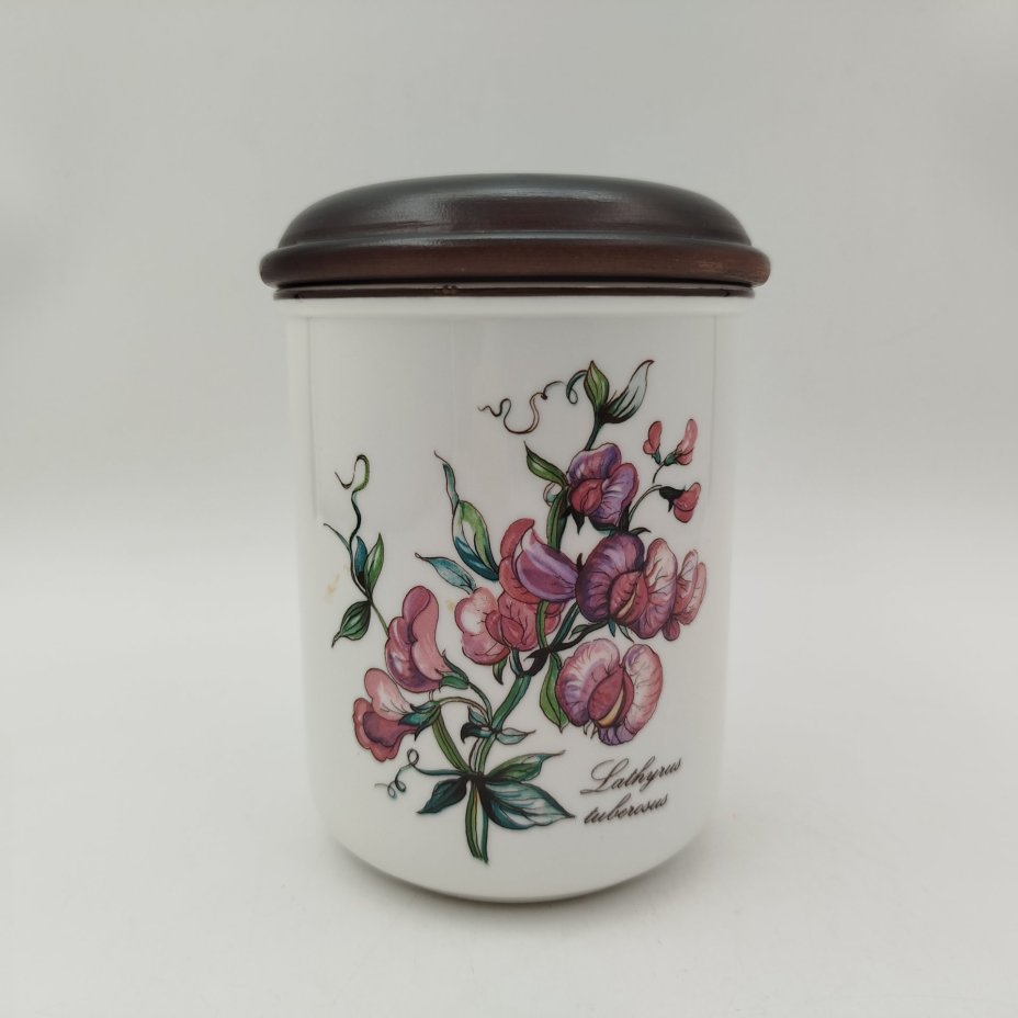 Банка "Lathyrus tuberosus" ("Латирус бугристый") для сыпучих продуктов (для чая, специй), серия "Botanica", фарфор, деколь, дерево (крышка), Villeroy & Boch, Люксембург, 1980-2002 гг.