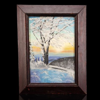 Картина "Зимний пейзаж", оформленная в раму, фанера, гуашь