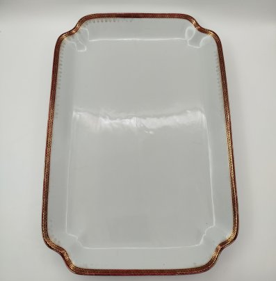 Поднос прямоугольной формы с красно-золотой орнаментальной каймой, фабрика "Zeh, Scherzer & Co", фарфор, обводка, золочение, Германия, 1880-1918 гг.