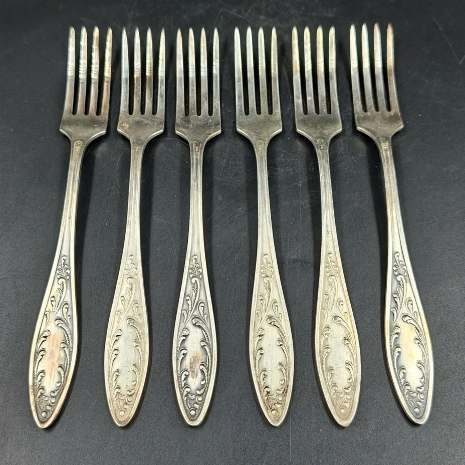 Набор из шести десертных/закусочных вилок "Пламя", мНЦ (медь-никель-цинк), Кольчугинский завод цветных металлов, СССР, 1960-1990 гг.