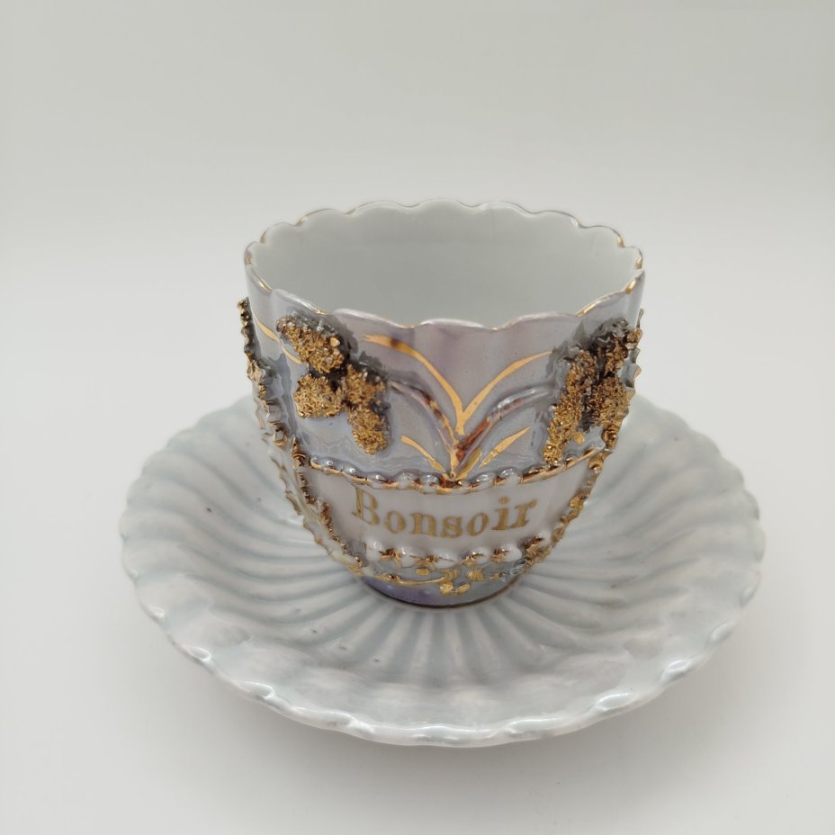 Пара чайная "Bonsoir" с растительным декором, фарфор, крытье, золочение, Франция, 1950-1970 гг.