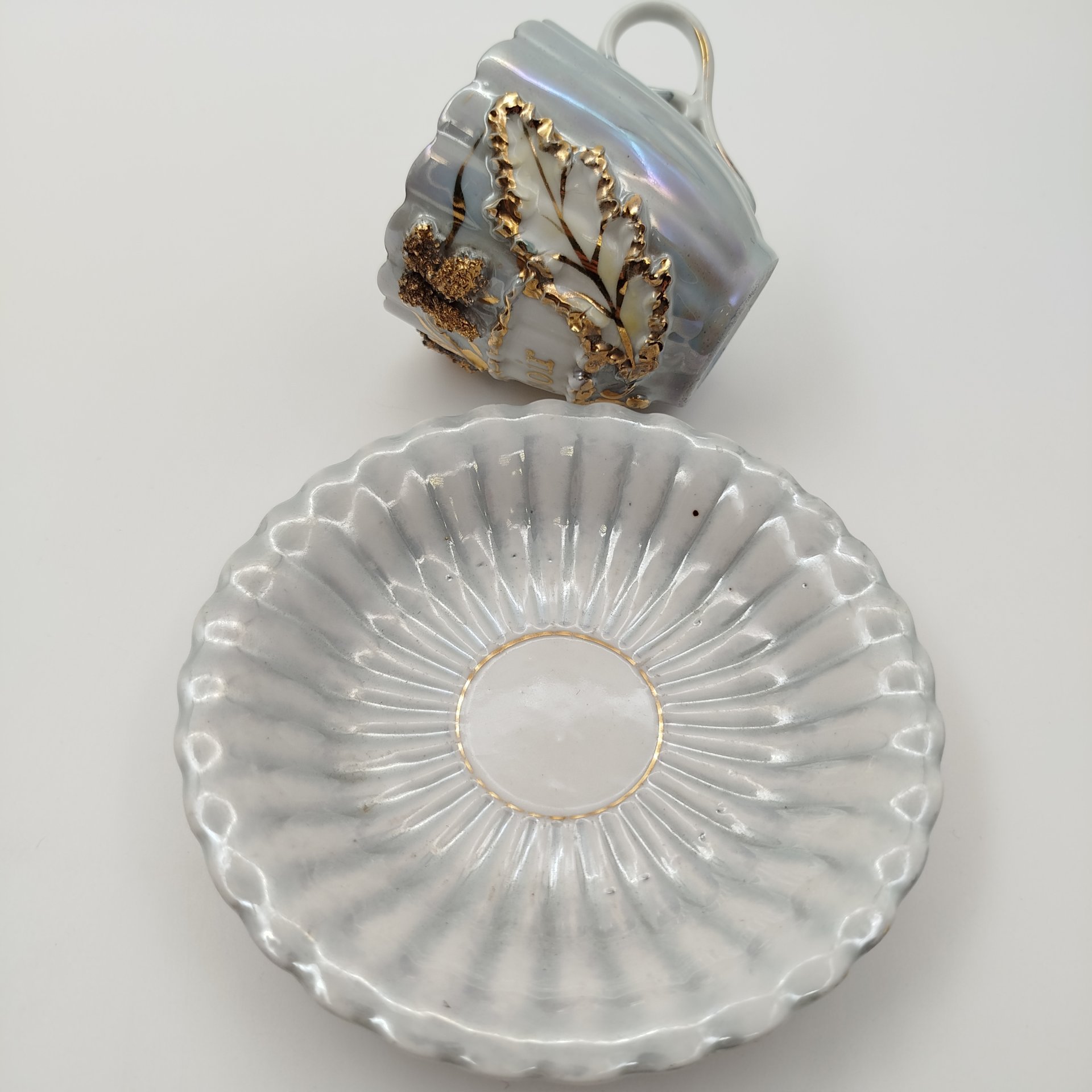 Пара чайная "Bonsoir" с растительным декором, фарфор, крытье, золочение, Франция, 1950-1970 гг.