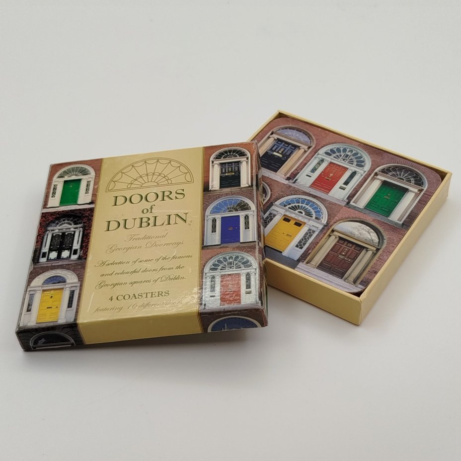 Набор из 4-х костеров (подставок под стаканы) с изобрважением дверей Дублина, пробка, печать, картон