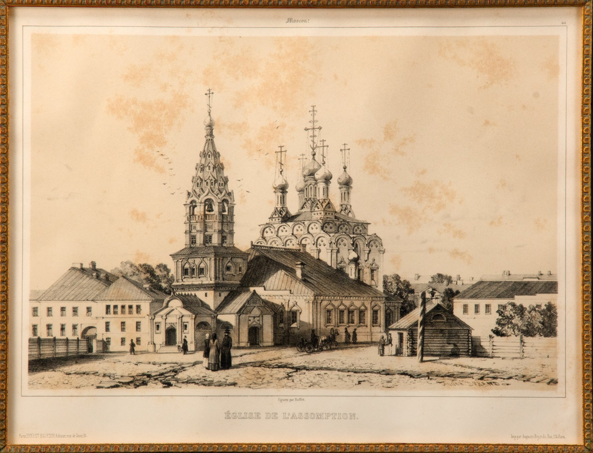 Литография "Храм Николая Чудотворца в Хамовниках. Eglise de L'Assomption". Автор Андре Дюран. Лист из издания "Живописное и археологическое путешествие по России совершенное в 1839 году под руководством Анатолия Демидова", бумага, печать, стекло, рама, Франция, 1840-1847 гг.