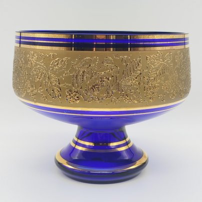 Ваза (фруктовница) кобальтового оттенка, украшенная цветочнным декором, Bohemia Crystal (Bohemia Glass)