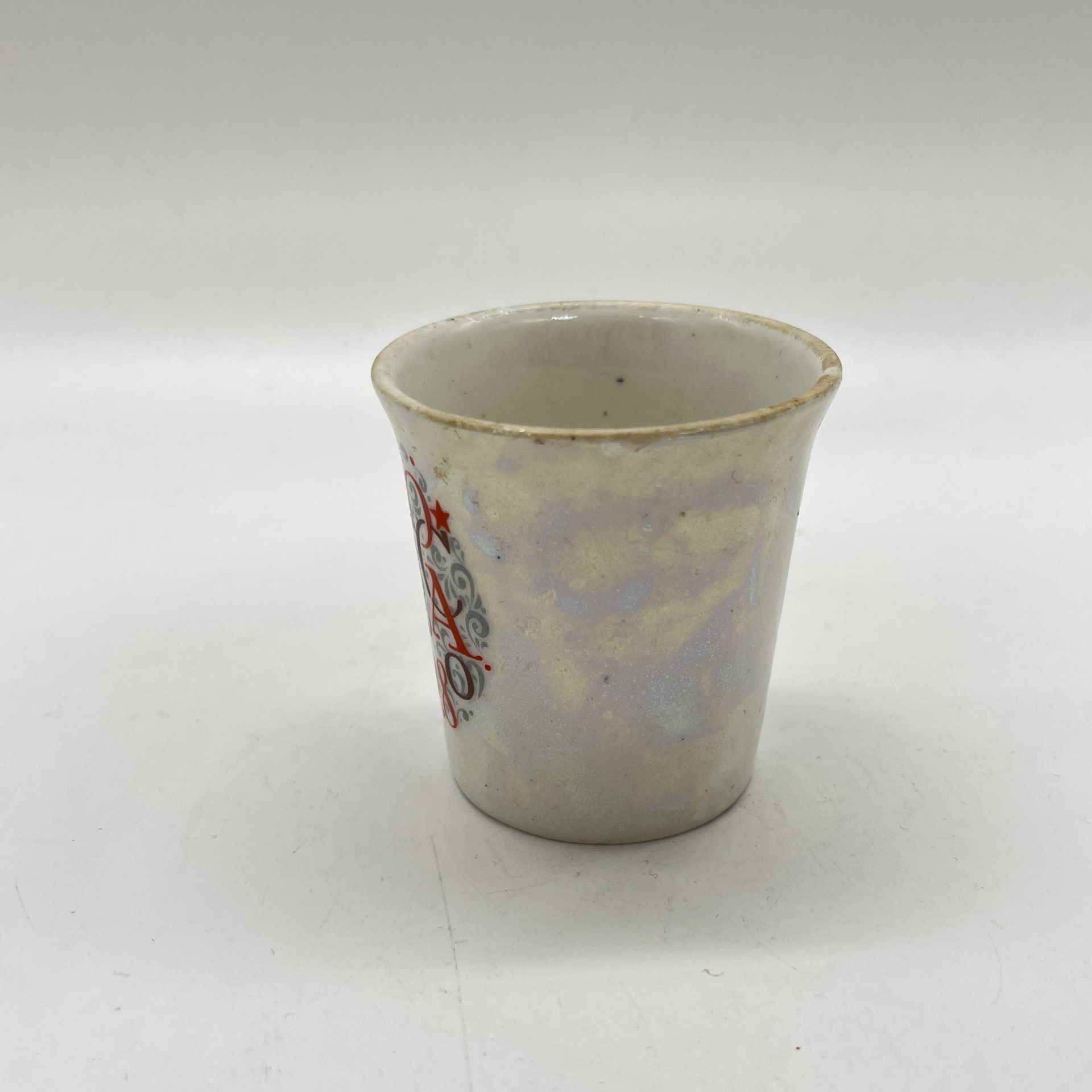 Стопка "Олимпийский мишка", фарфор, деколь, люстр, Горьковский ордена Трудового Красного Знамени завод «Орбита», СССР, 1980 г.