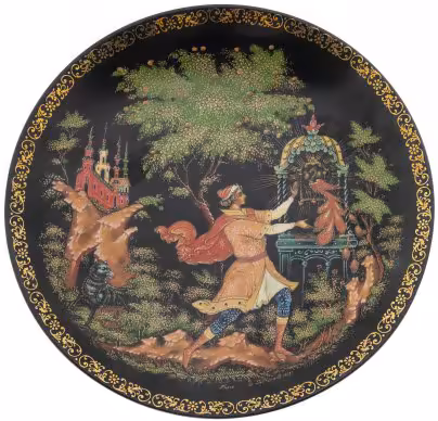 Тарелка "Золотая клетка" (серия "Жар-Птица"), фарфор, роспись, золочение, худ. Кочетов Г.Н. (Палех), Ленинградский фарфоровый завод (ЛФЗ), 1990 г., Ленинградский фарфоровый завод (ЛФЗ)
