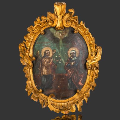 Икона "Благовещение", дерево, темпера, в раме в барочном стиле, Российская империя, 1840-1860 гг.