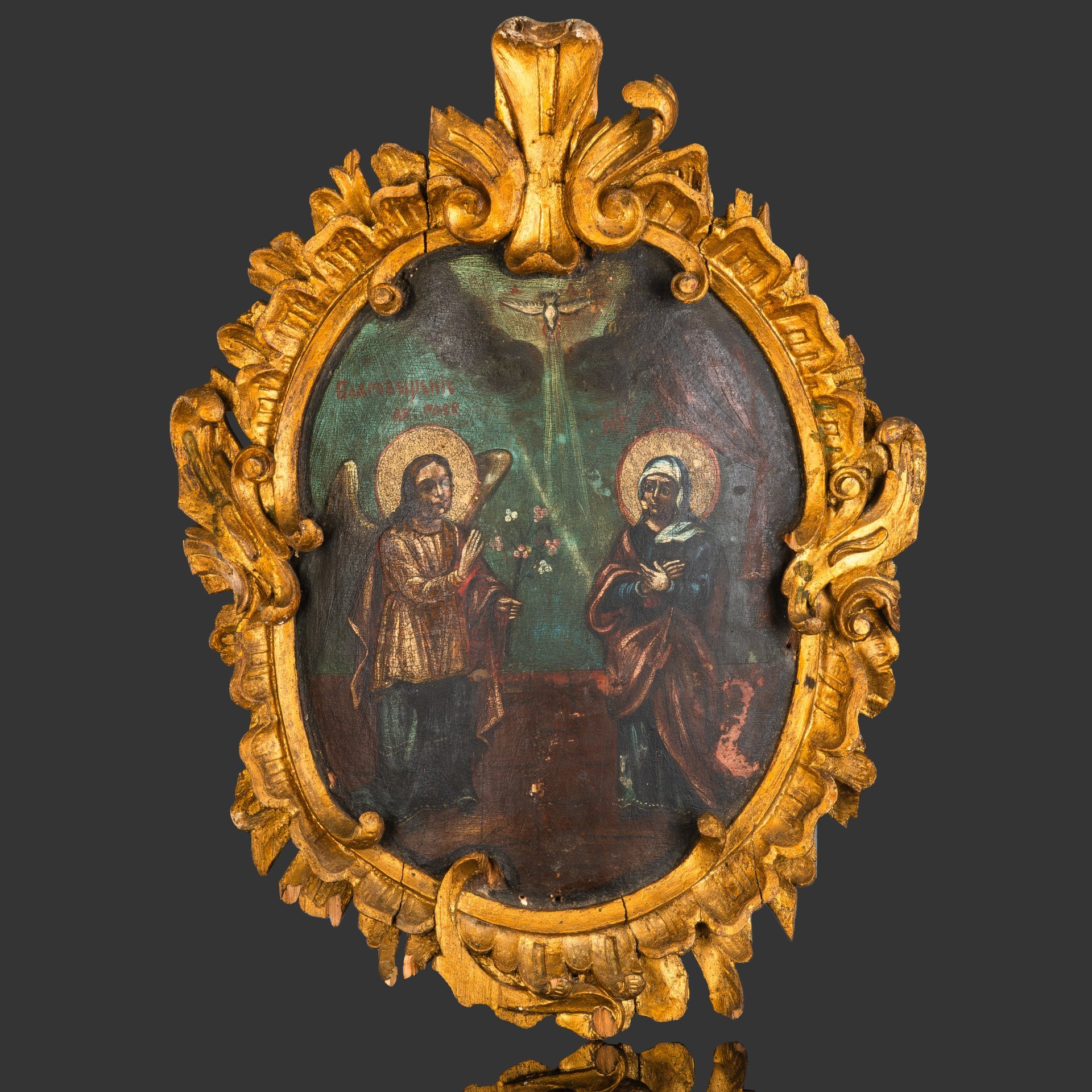 Икона "Благовещение", дерево, темпера, в раме в барочном стиле, Российская империя, 1840-1860 гг.