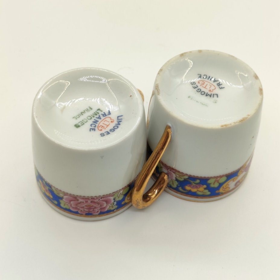Пара кофейных чашек, украшенных растительным декором, форма "Литрон", Limoges Elte'