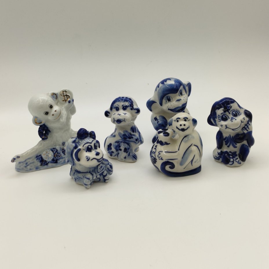 Набор из шести статуэток "Обезьяны", Гжель