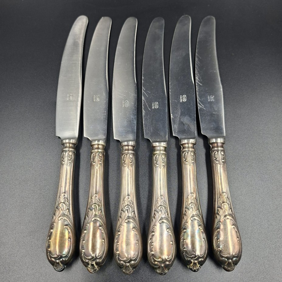 Набор из шести столовых ножей с растительным декором, мНЦ (медь-никель-цинк), нержавеющая сталь, Вольнянский завод столовых приборов им. Шевченко (ЗiШ, ЗиШ), СССР, 1960-1980 гг.