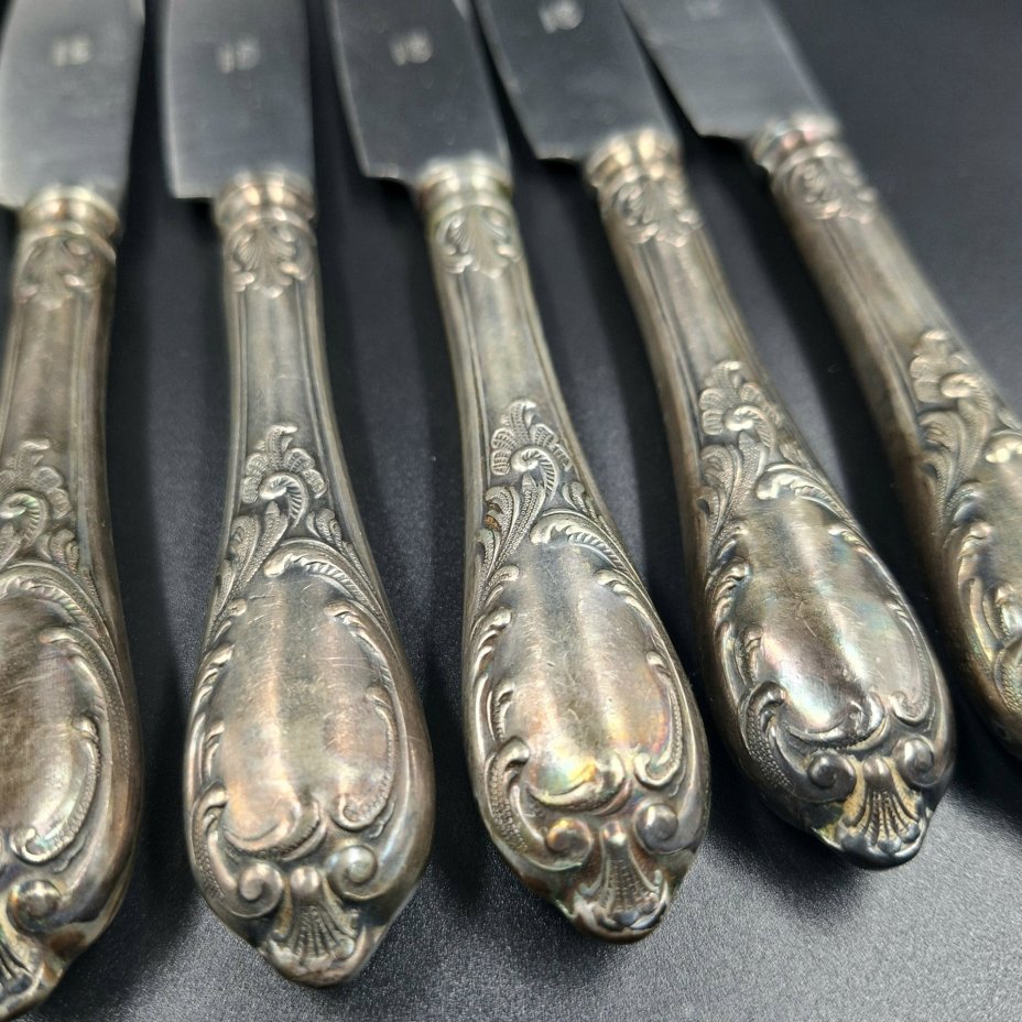 Набор из шести столовых ножей с растительным декором, мНЦ (медь-никель-цинк), нержавеющая сталь, Вольнянский завод столовых приборов им. Шевченко (ЗiШ, ЗиШ), СССР, 1960-1980 гг.