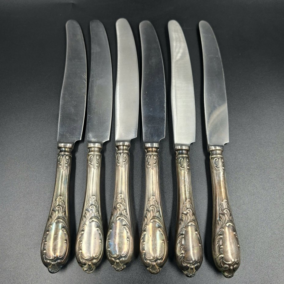 Набор из шести столовых ножей с растительным декором, мНЦ (медь-никель-цинк), нержавеющая сталь, Вольнянский завод столовых приборов им. Шевченко (ЗiШ, ЗиШ), СССР, 1960-1980 гг.