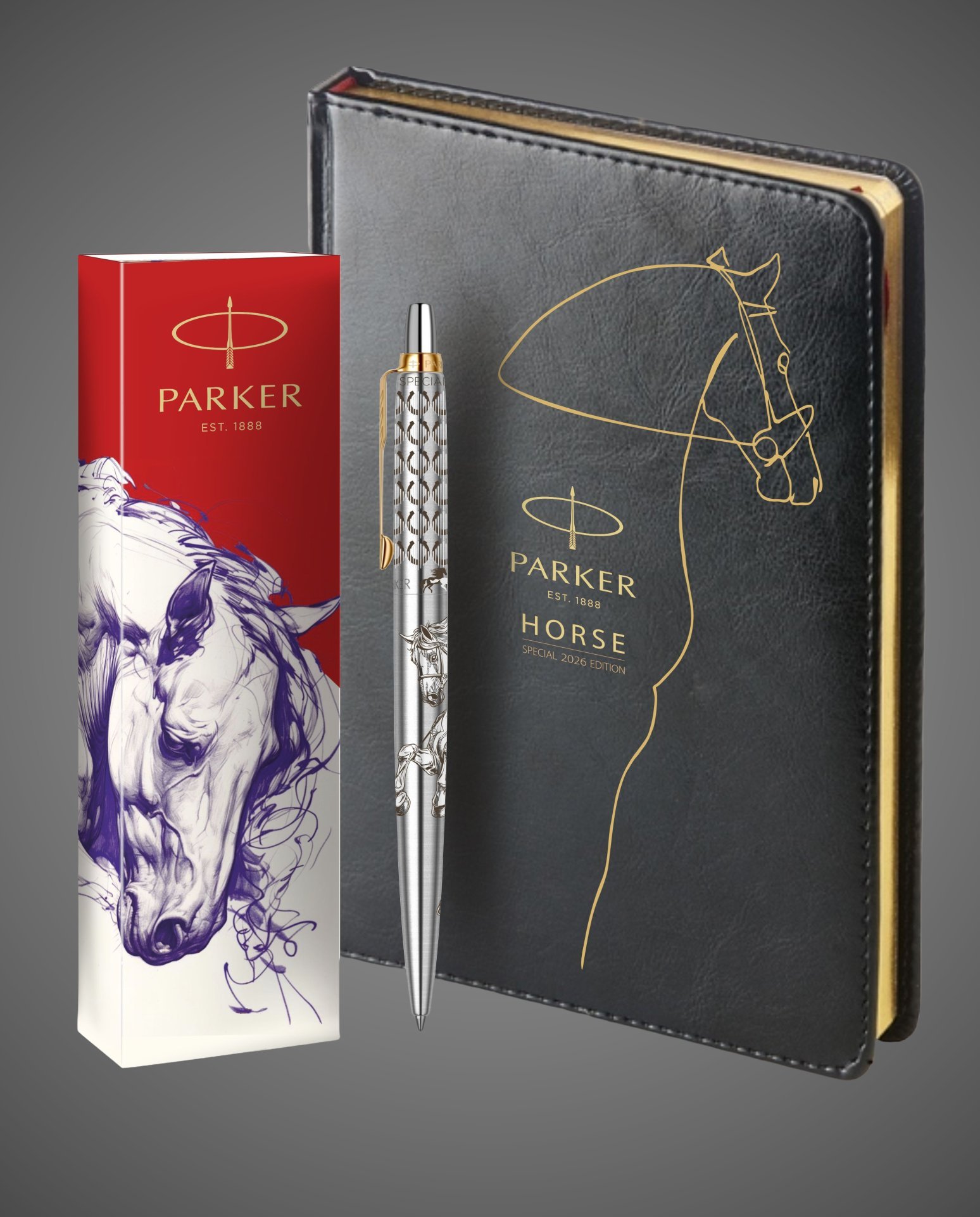 Подарочный набор: Шариковая ручка Parker Jotter Horse Special Edition в подарочной коробке и ежедневник недатированный черный с золотым срезом, Кожа и мех: искусственная кожа, нержавеющая сталь, позолота