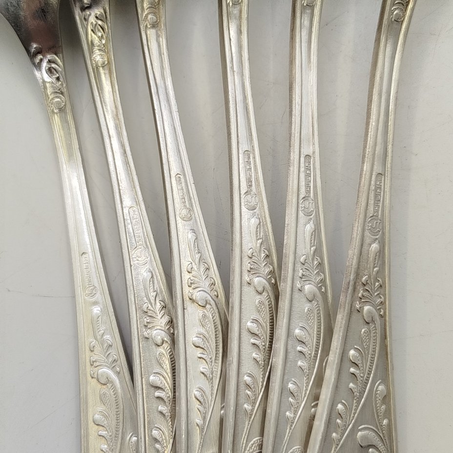 Набор из шести столовых ложек "Пламя", мНЦ (медь-никель-цинк), Кольчугинский завод цветных металлов, СССР, 1960-1990 гг.