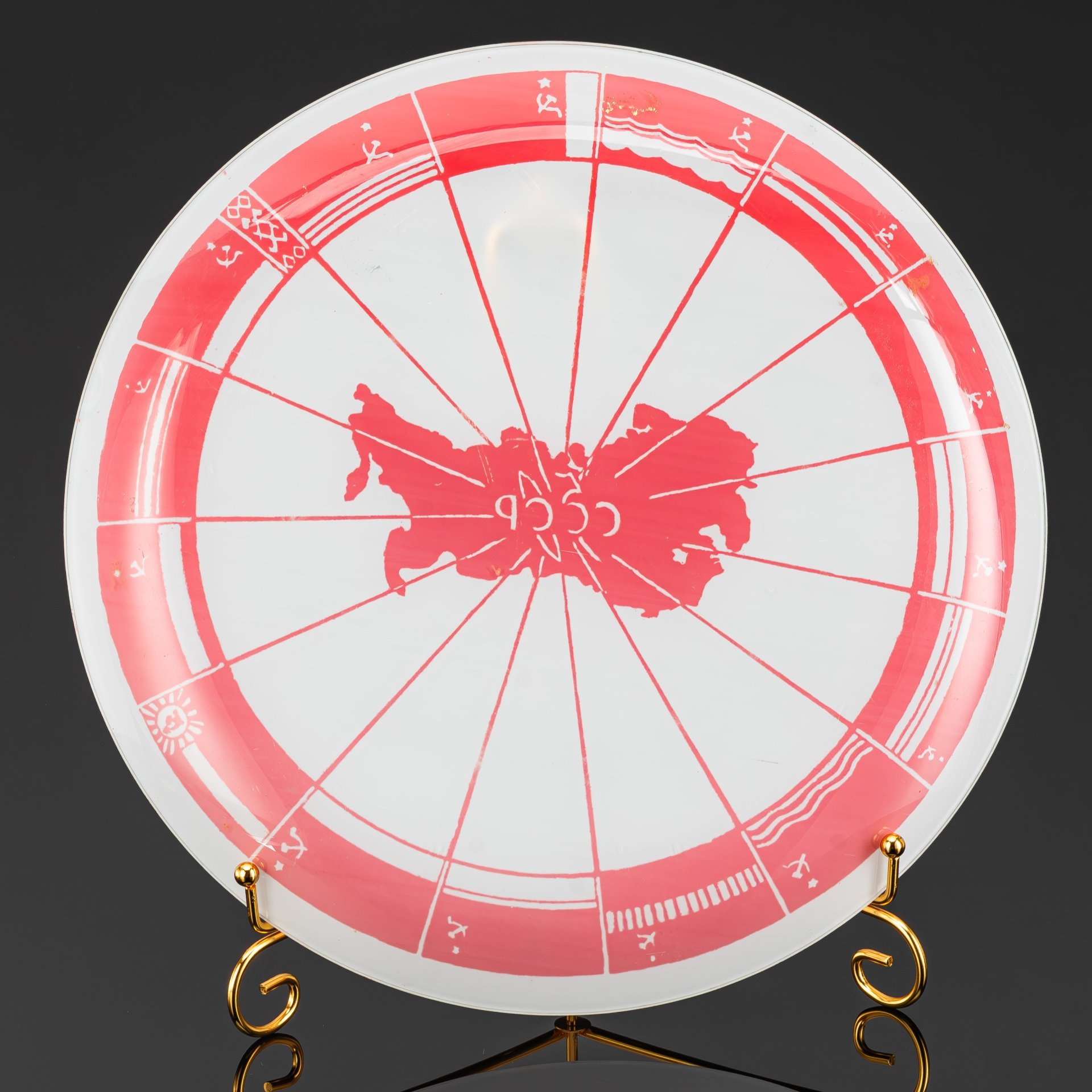 Блюдо агитационное декоративное "50 лет СССР", молочное стекло, роспись по трафарету, СССР, 1972 г.