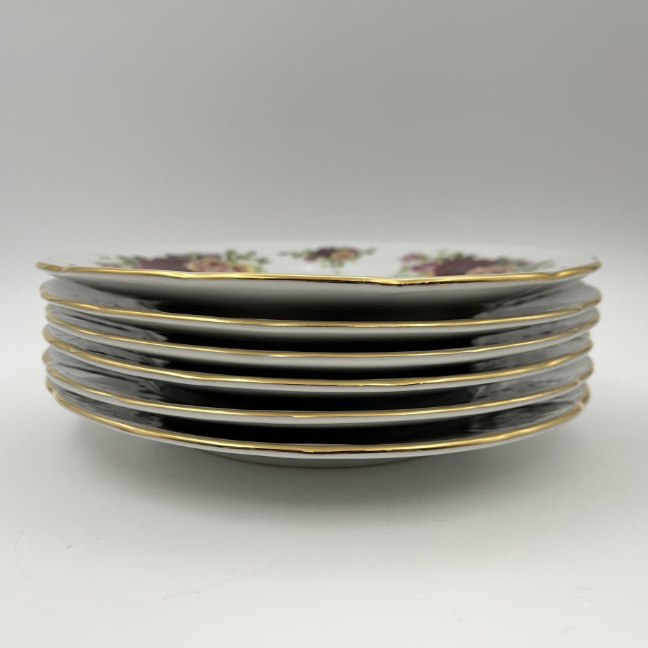 Набор десертных тарелок с цветочным декором на 6 персон, фарфор, деколь, золочение, Thun (Тун), Чехословакия, 1970-1980 гг.