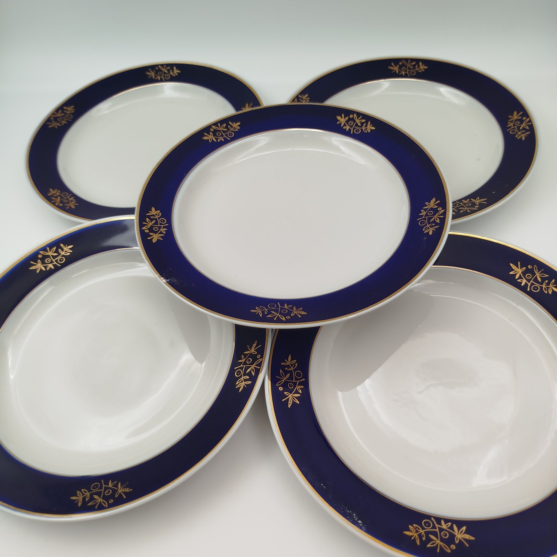 Набор тарелок на 5 персон, украшенных растительным декором, фарфор, Барановский фарфоровый завод, СССР, 1960-1970 гг.