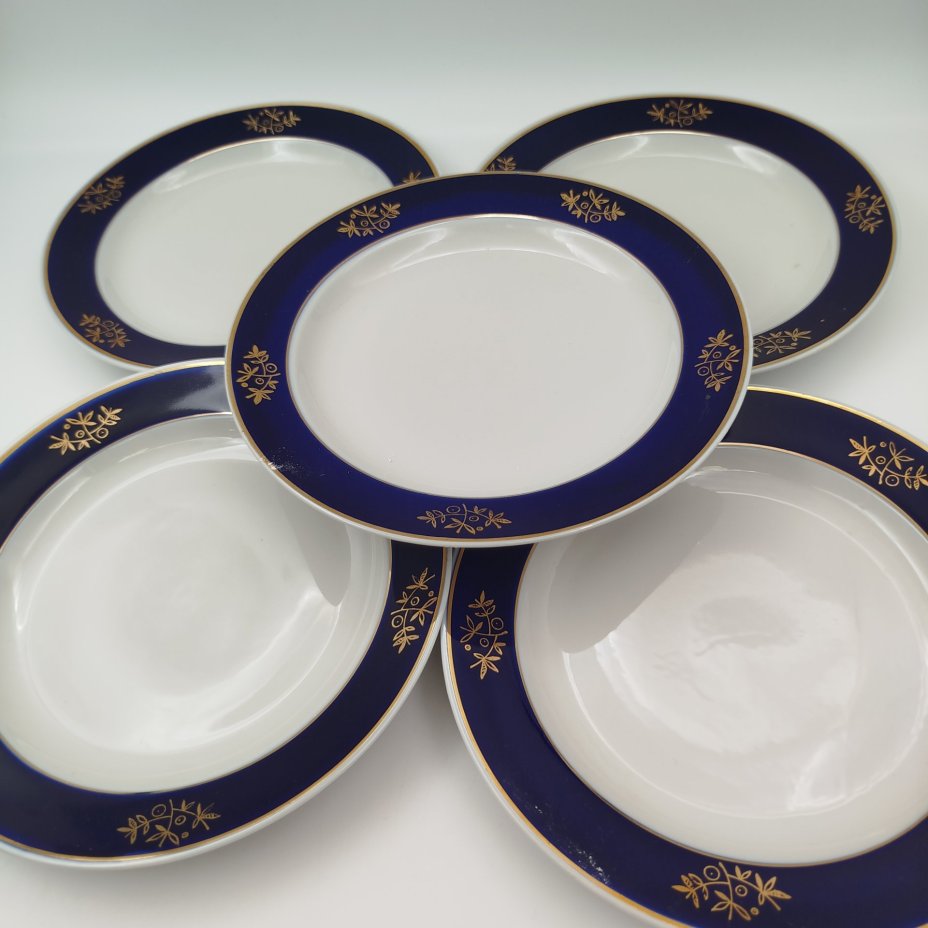 Набор тарелок на 5 персон, украшенных растительным декором, фарфор, Барановский фарфоровый завод, СССР, 1960-1970 гг.