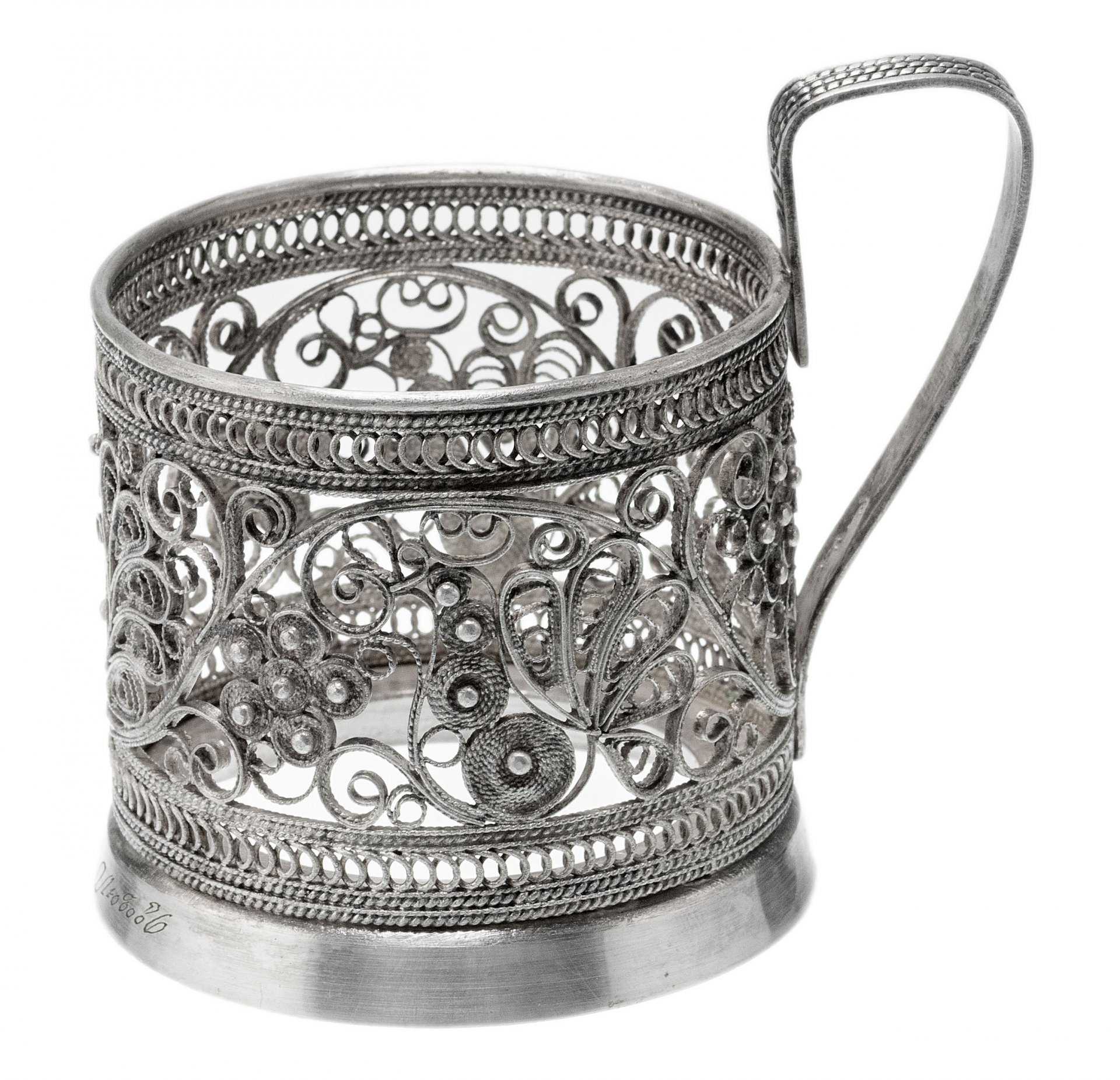 Подстаканник, мельхиор, скань, стекло, в родном футляре, СССР, 1970-1980 гг.