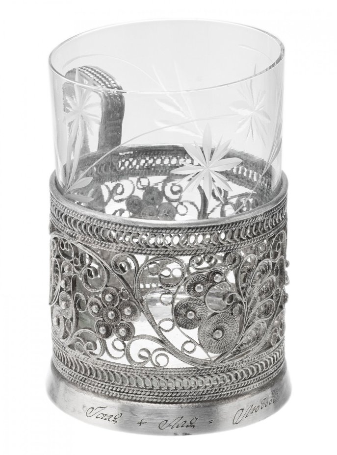 Подстаканник, мельхиор, скань, стекло, в родном футляре, СССР, 1970-1980 гг.