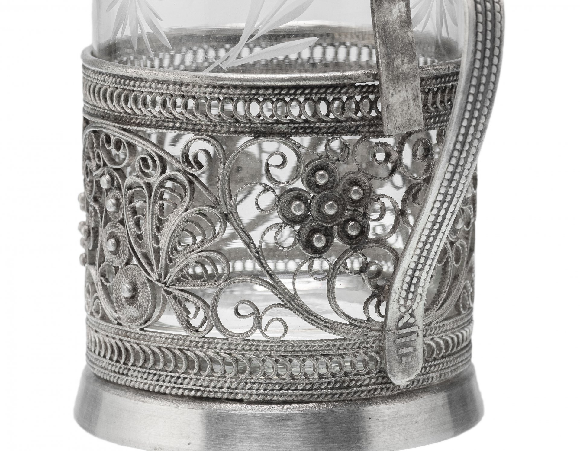 Подстаканник, мельхиор, скань, стекло, в родном футляре, СССР, 1970-1980 гг.
