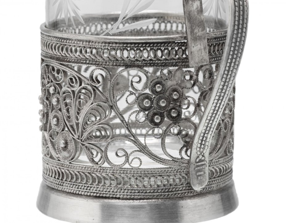 Подстаканник, мельхиор, скань, стекло, в родном футляре, СССР, 1970-1980 гг.
