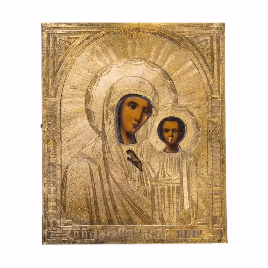 Икона "Богоматерь Казанская" в окладе (подокладная роспись), дерево, масло, латунь, Российская Империя, 1880-1910 гг.