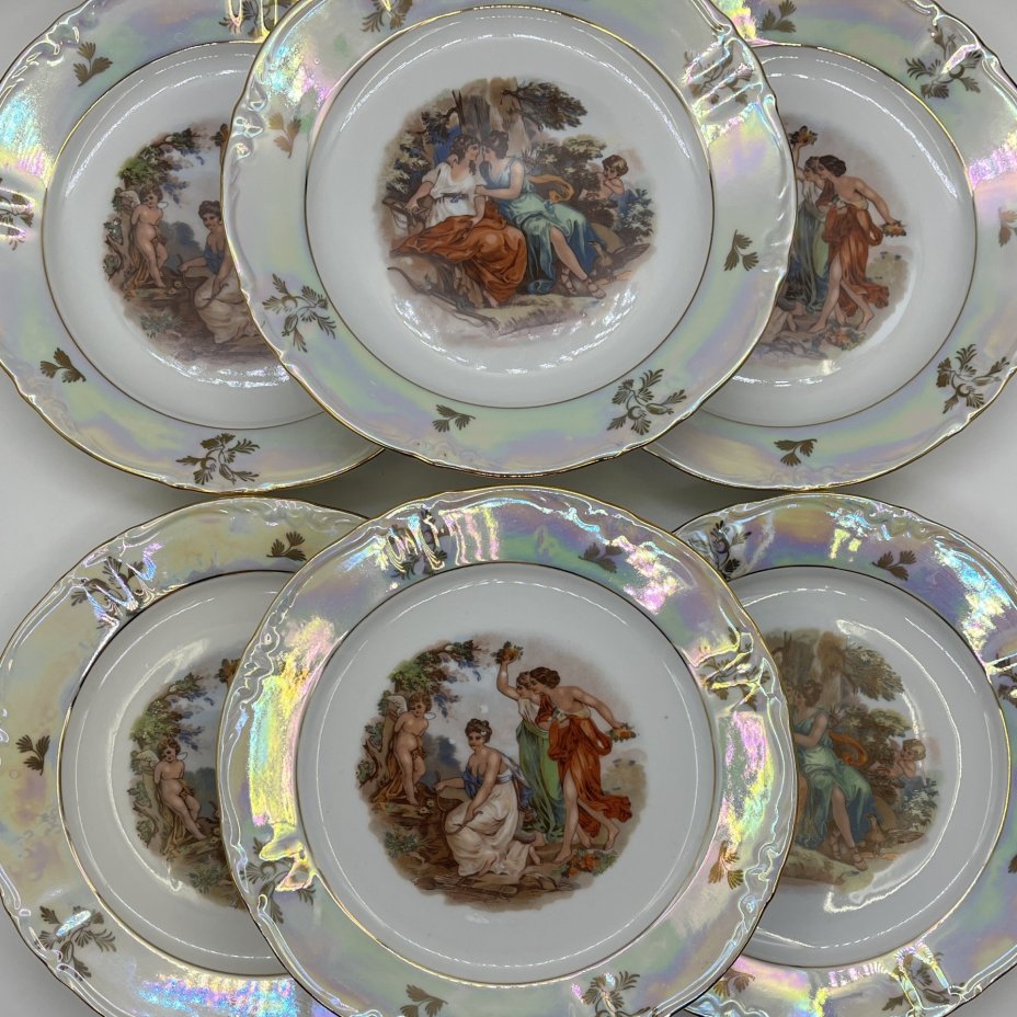 Набор обеденных тарелок "Мадонна" на 6 персон, фарфор, деколь, люстр, золочение, Kahla, ГДР, 1960-1980 гг.