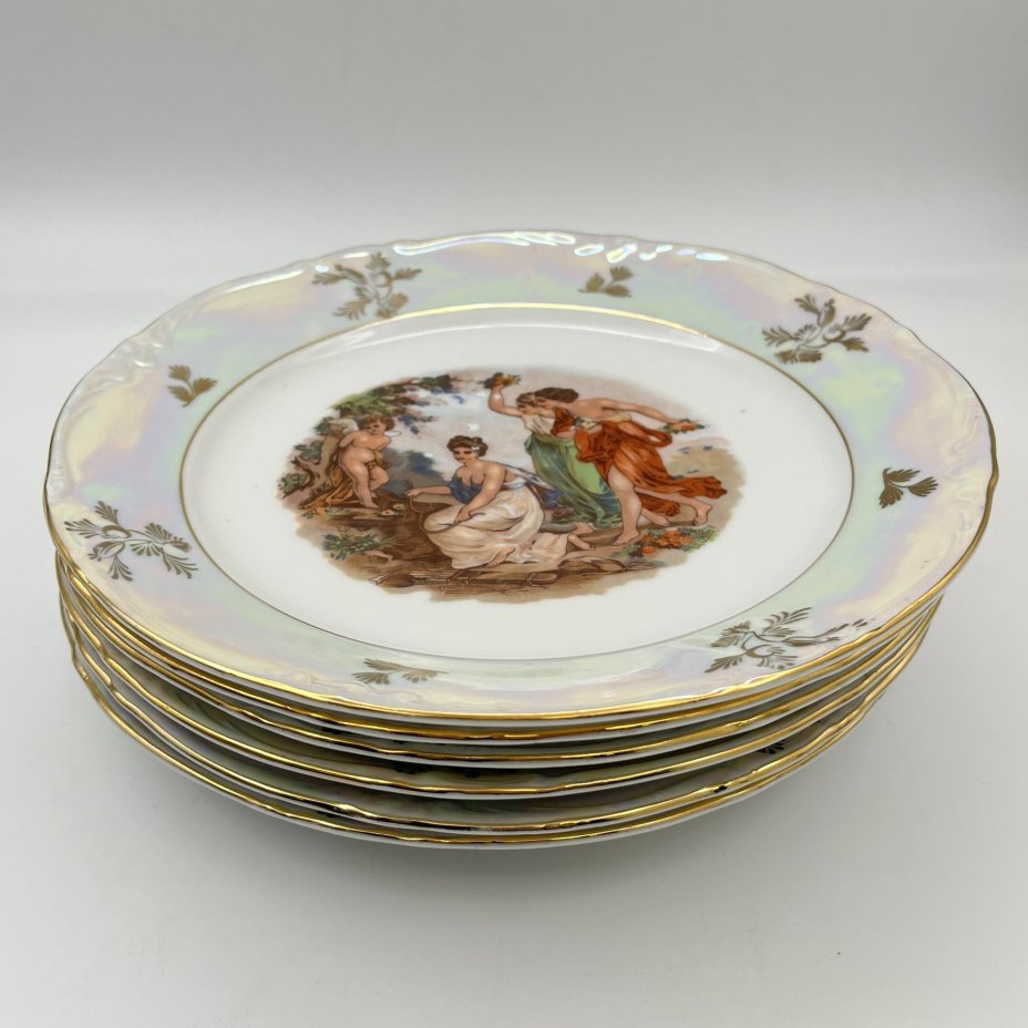 Набор обеденных тарелок "Мадонна" на 6 персон, фарфор, деколь, люстр, золочение, Kahla, ГДР, 1960-1980 гг.