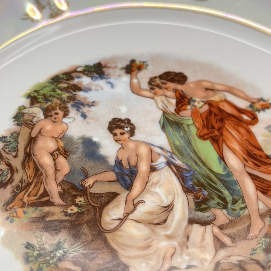 Набор обеденных тарелок "Мадонна" на 6 персон, фарфор, деколь, люстр, золочение, Kahla, ГДР, 1960-1980 гг.