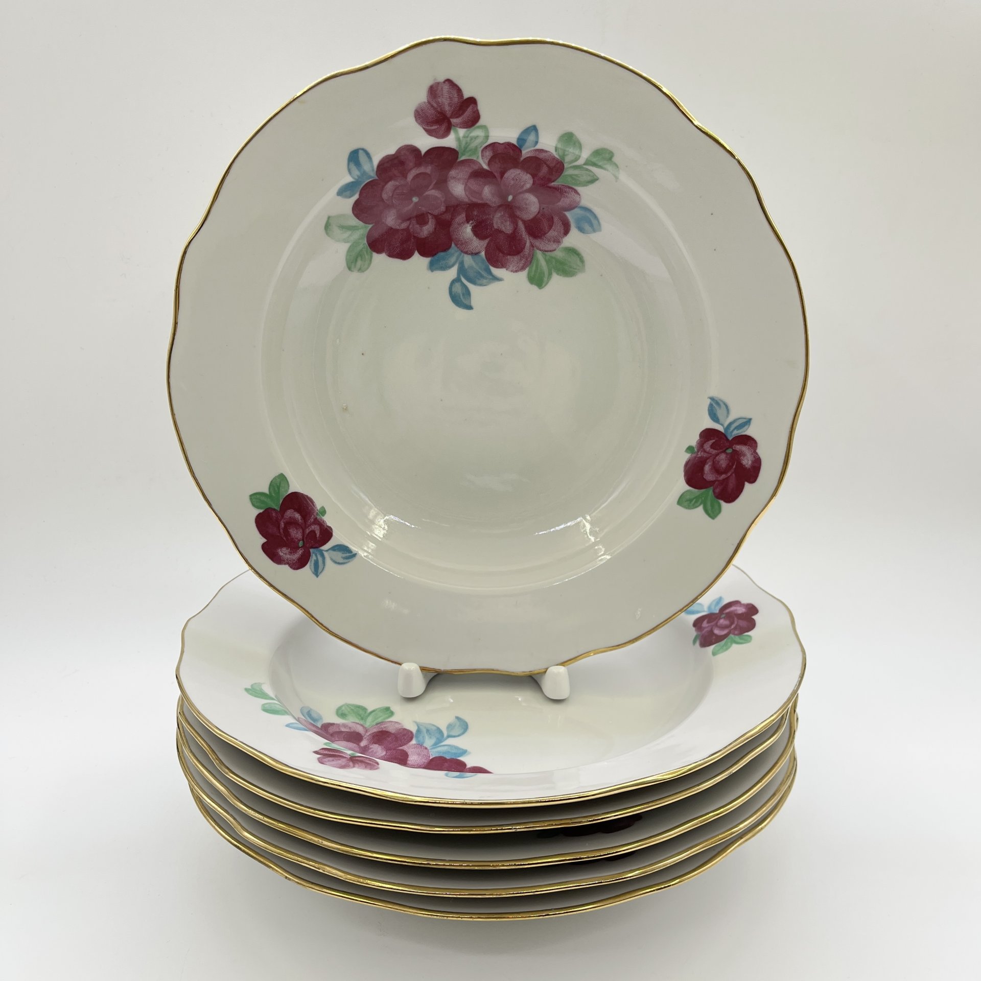 Набор суповых тарелок на 6 персон, фарфор, деколь, золочение, Дулевский фарфоровый завод (Дулёво), СССР, 1970-1991 гг.